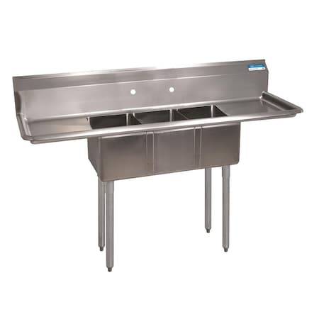 Bk Resources Three Compartment Sink 10 in x 14 in, 3, 2, Free Standing, Stainless Steel BKS-3-1014-10-12T